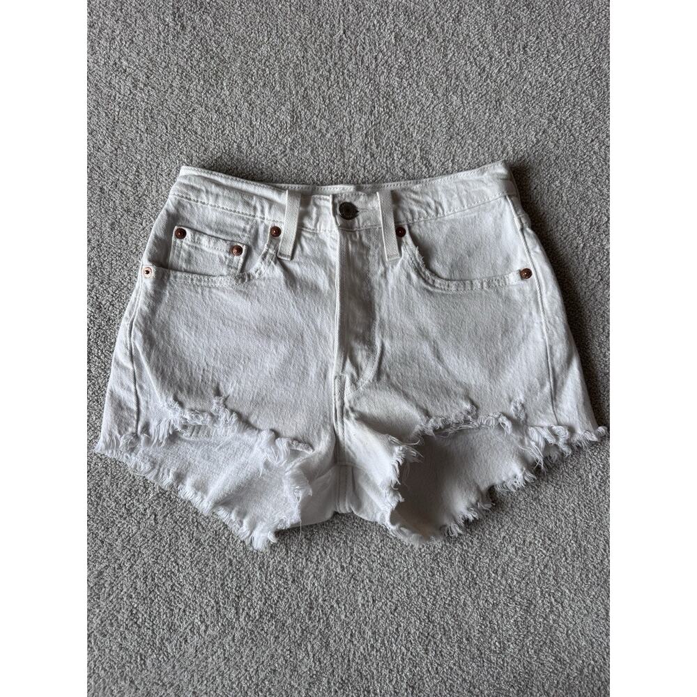 Levis 501 Jean Shorts Womens Size 24 Cut Off Button Fly White Frayed Hem Denim - Picture 2 of 5
